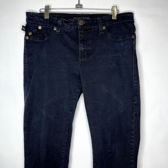 Rock & Republic Black Slanted Back Pockets w/ Special Rivets Stretch Jeans Size - Picture 2 of 12